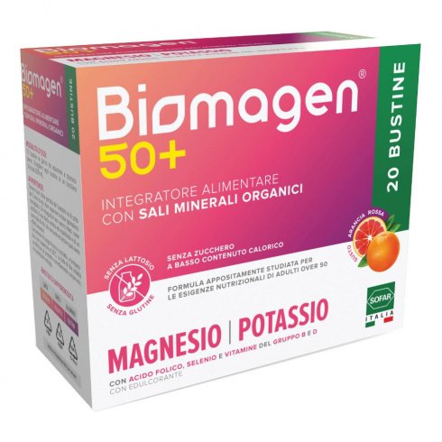 Biomagen 50+ Senza Zuccheri 20bustine Integratore Di Magnesio E Potassio, Con Acido Folico, Selenio, Vitamina D E Vitamine Del Gruppo B